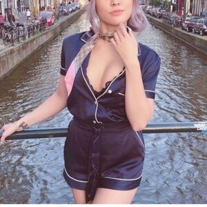 Victoria’s Secret Satin Romper Dark Navy White Trims Buttoned Belted Size XS